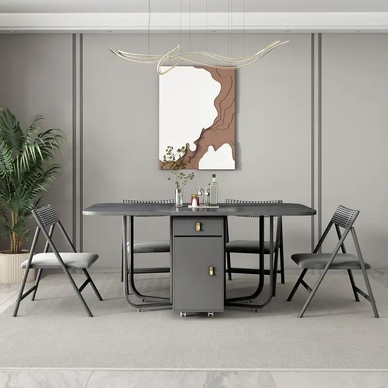 Modern Folding Marble Dining Table with Storage & Gold Accents