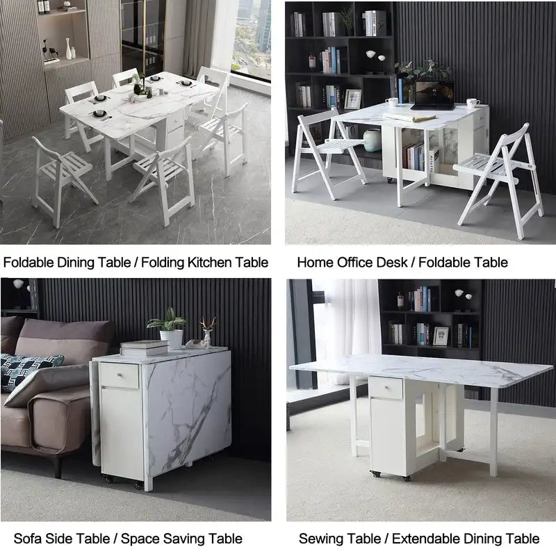 Modern Foldable Marble Dining Table with Storage & Wheels
