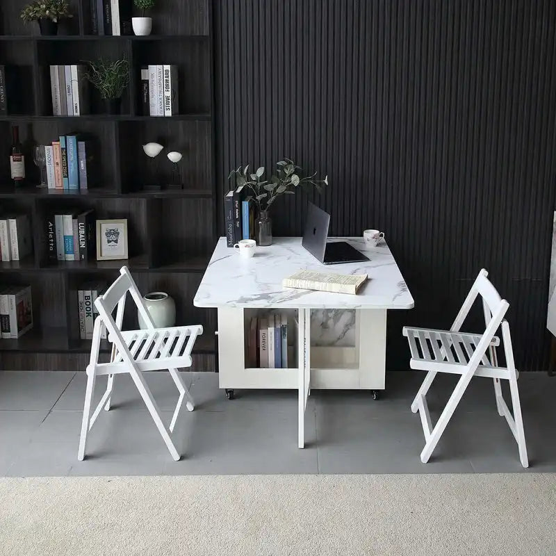 Extendable Marble-Top Folding Dining Table with Storage