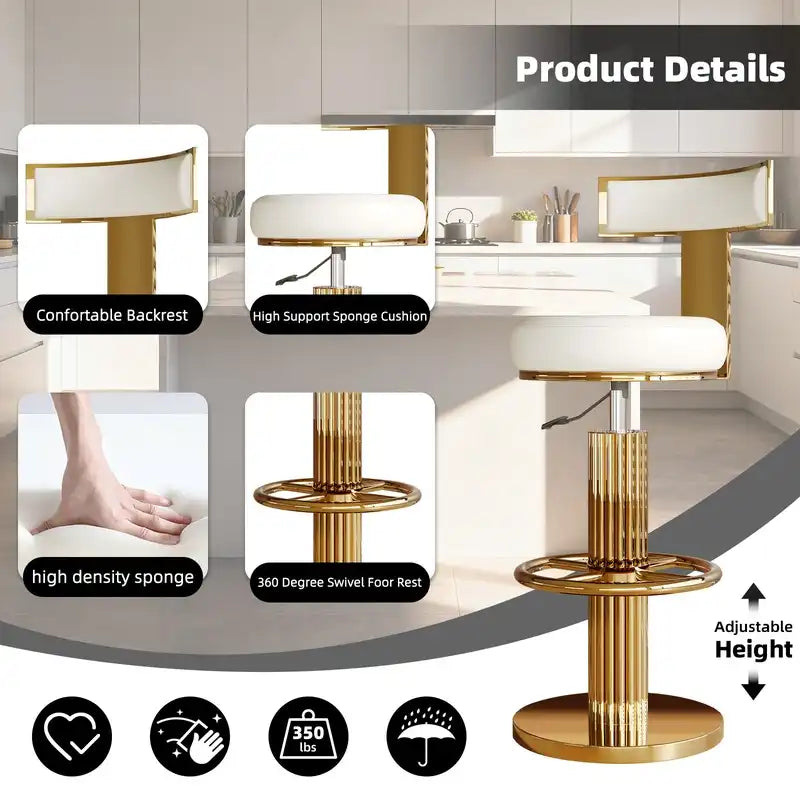 Luxury Gold Adjustable Swivel Bar Stools with White Cushion