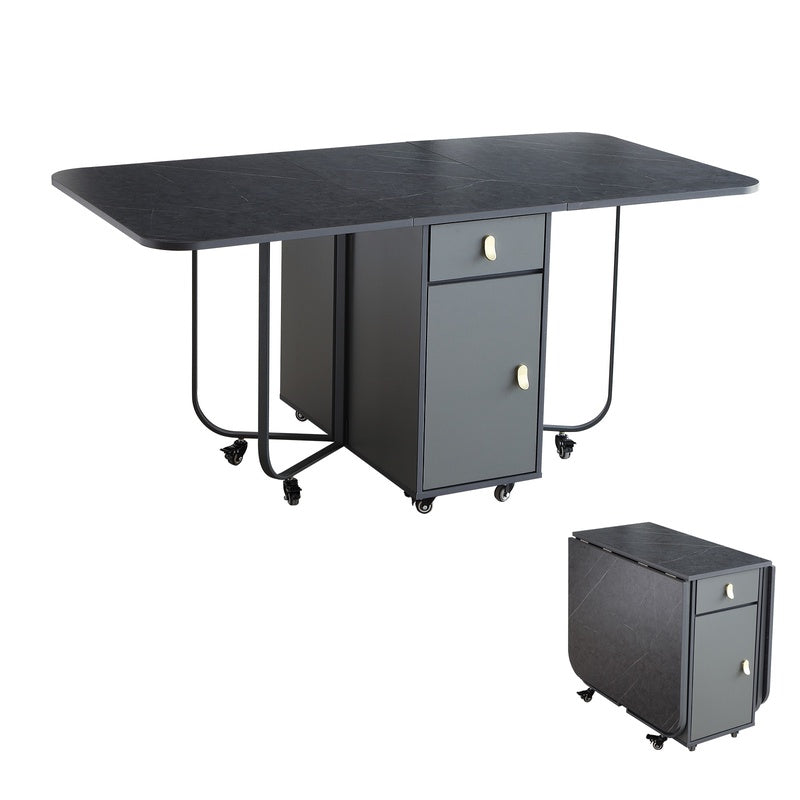 Modern Folding Marble Dining Table with Storage & Gold Accents
