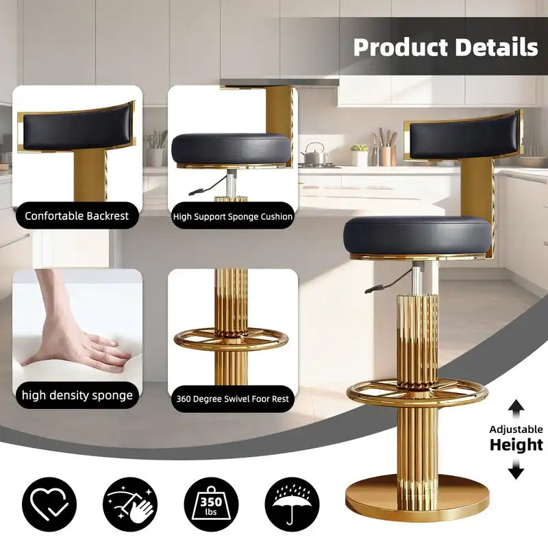 Luxury Gold & Black Adjustable Bar Stool with Swivel & Footrest