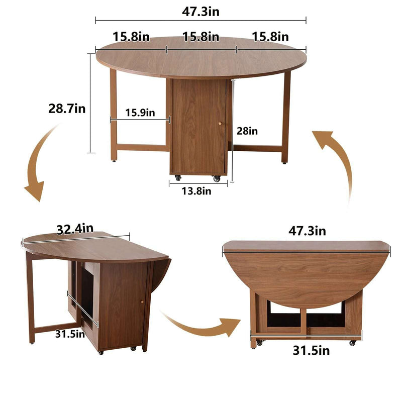 Walnut Round Folding Dining Table with Storage & Wheels
