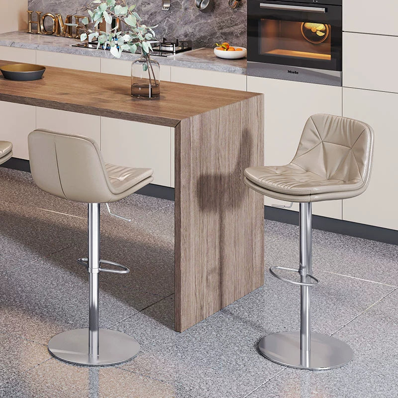 Adjustable Beige Bar Stool with Padded Backrest and Brushed Steel Base