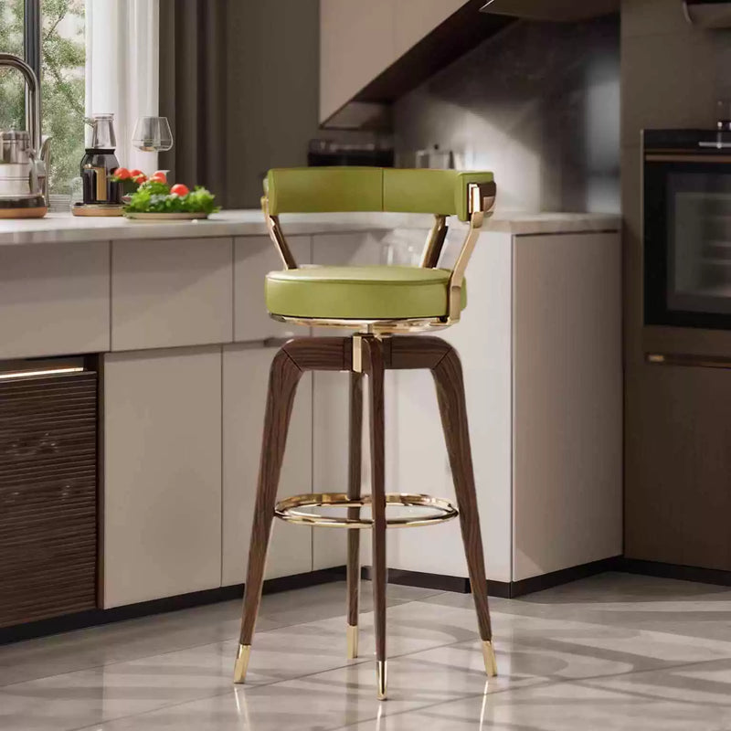Mid-Century Modern Walnut Bar Stools with Leather Seat & Brass Accents
