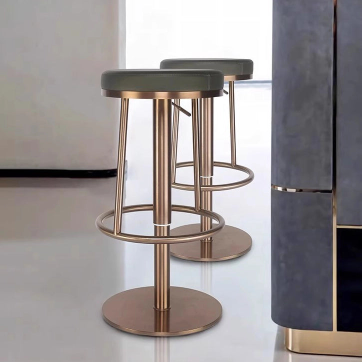 ackless Adjustable Bar Stool with Green Leather Seat and Brushed Gold Frame