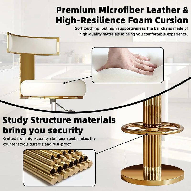 Counter Height Stools Set of 2, Swivel Bar Stools with Gold Stainless Steel