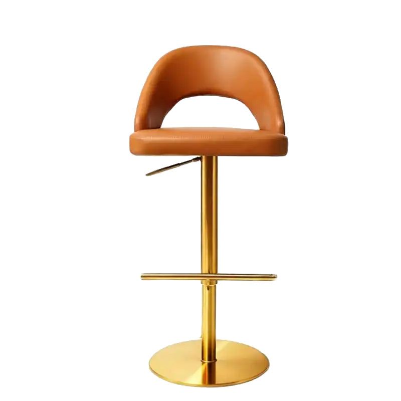 Caramel Leather Bar Stool - Adjustable Height, Gold Base