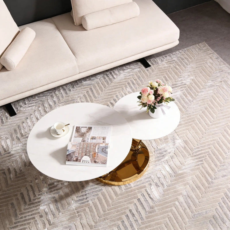 Modern 2-Tier Round Coffee Table with sintered stone Top & Metal Base