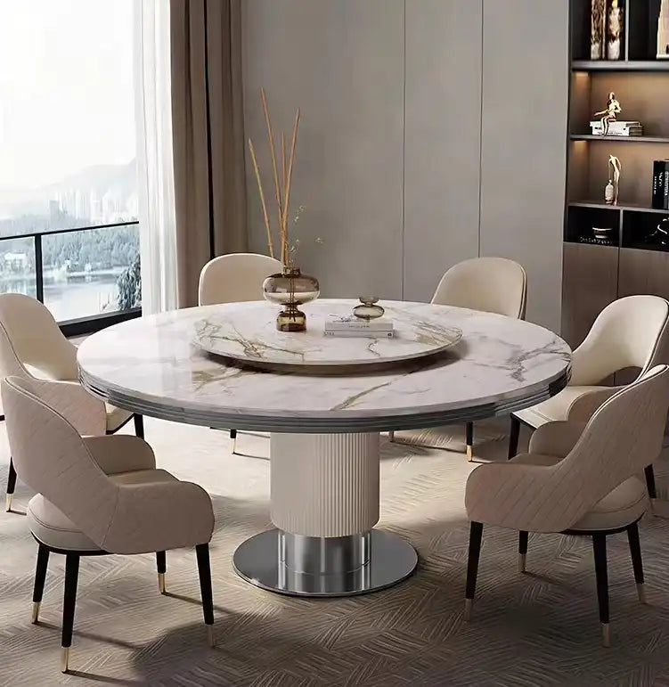 Marble Dining Table Set | Round, Gold Accents, Velvet Chairs