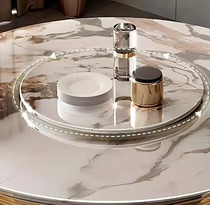 Marble Dining Table Set | Round, Gold Accents, Velvet Chairs