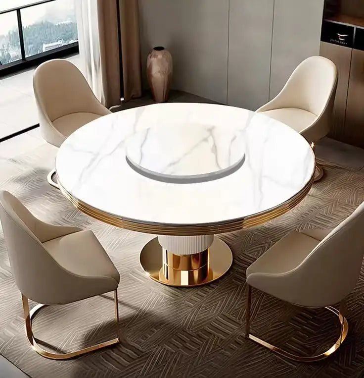 Marble Dining Table Set | Round, Gold Accents, Velvet Chairs