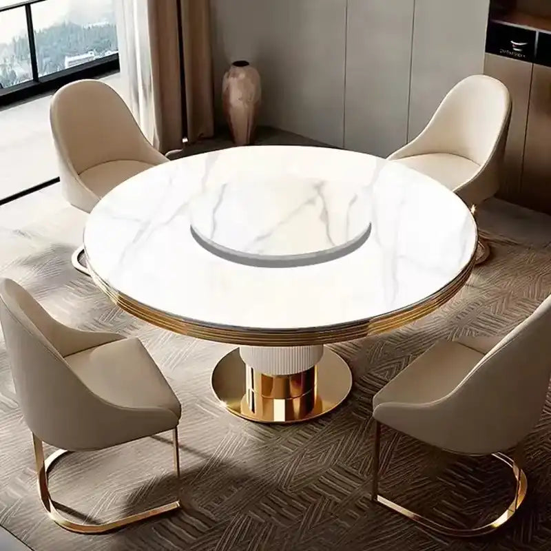 Marble Dining Table Set | Round, Gold Accents, Velvet Chairs
