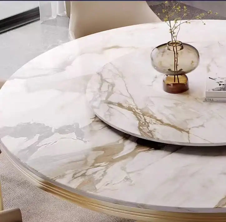 Marble Dining Table Set | Round, Gold Accents, Velvet Chairs