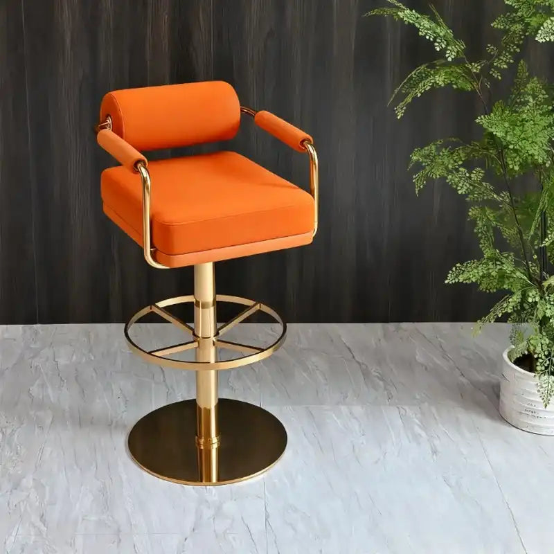 Burnt Orange Velvet Bar Stool - Gold Base & Swivel OR:32.68''-42.52''H*SD:18.90''D*SW:19.69''W #FF8A00