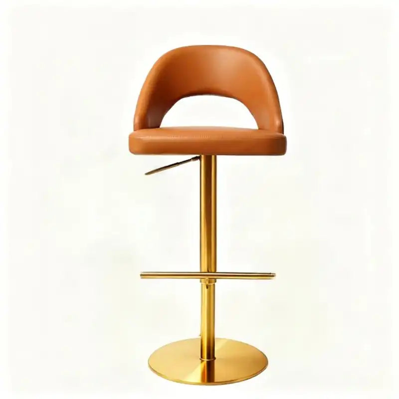 Caramel Leather Bar Stool - Adjustable Height, Gold Base