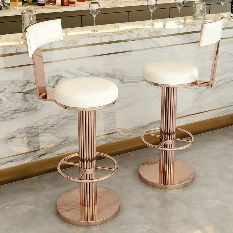 Rose Gold Bar Stool | Blue Faux Leather Seat #FFFFFF