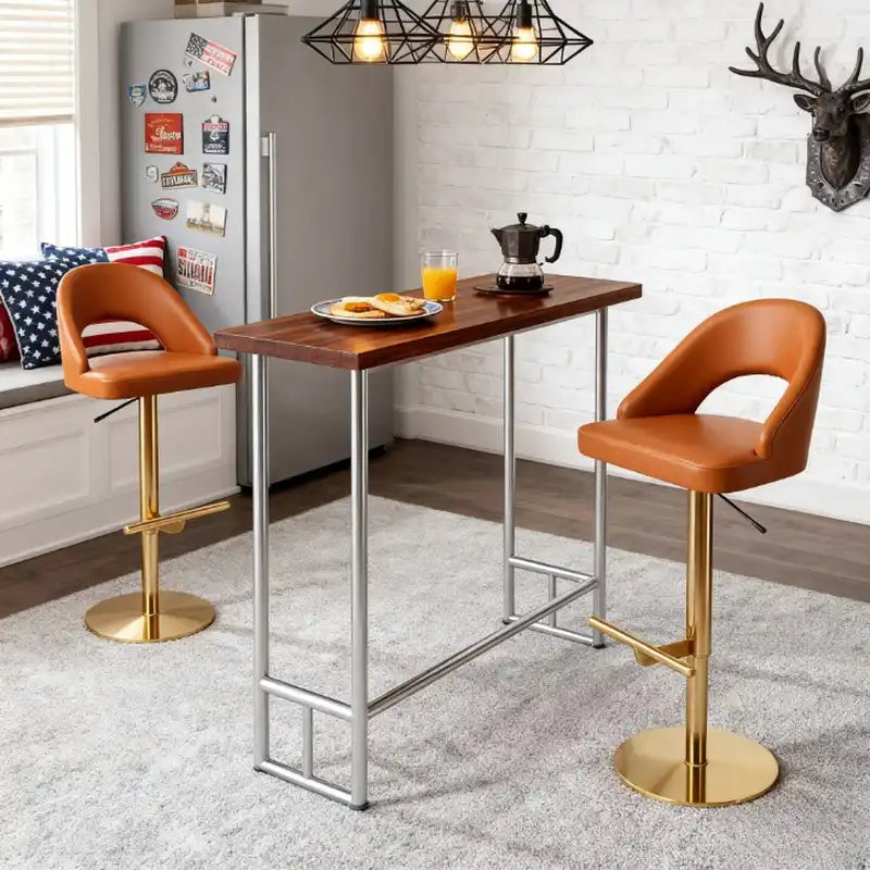 Caramel Leather Bar Stool - Adjustable Height, Gold Base