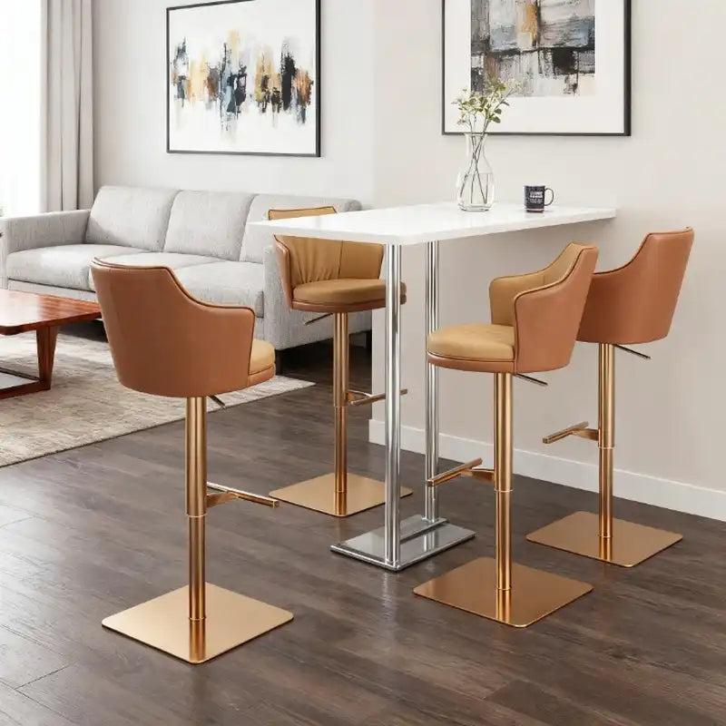 Caramel Leather Bar Stool – Adjustable Height Gold Base