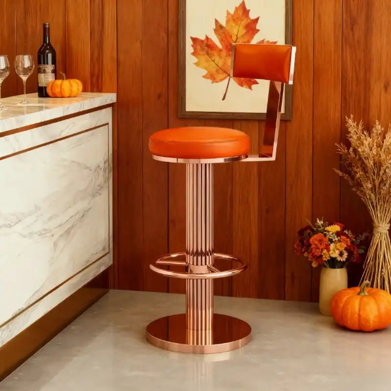 Rose Gold Bar Stool | Blue Faux Leather Seat