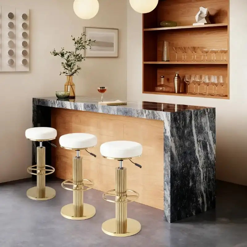 Gold Bar Stool - Adjustable Height & White Leather