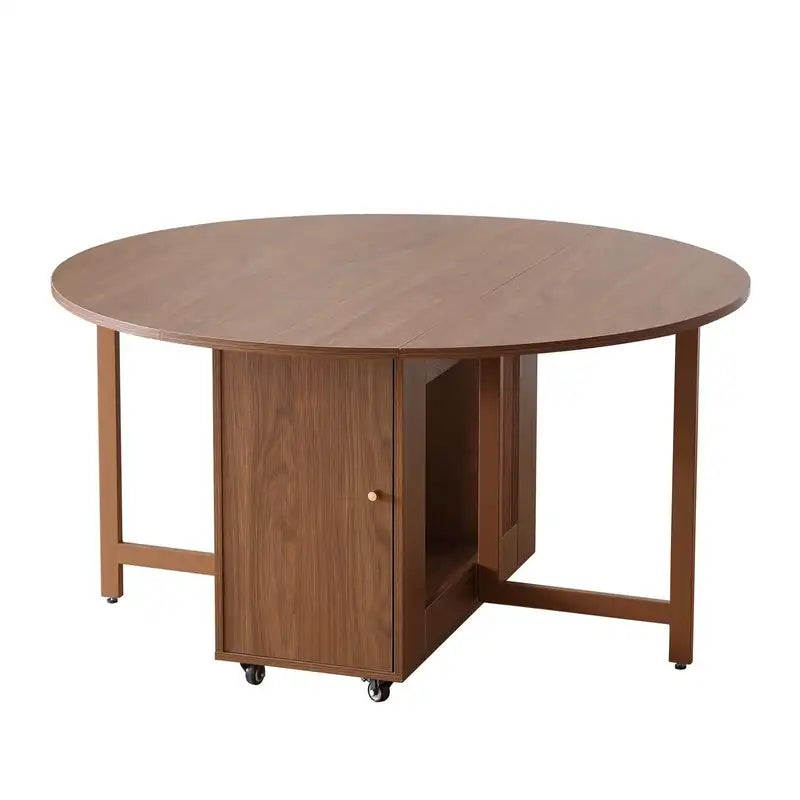 Walnut Round Folding Dining Table with Storage & Wheels