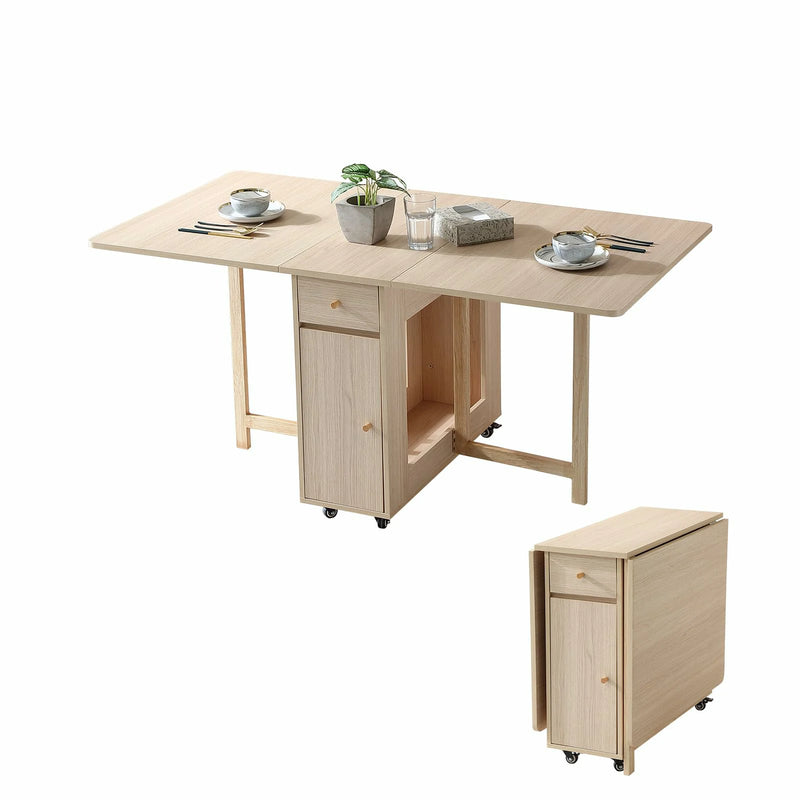 Extendable Drop Leaf Folding Dining Table with 2 Drawers and 4 Wheels for Living Room Kitchen Farmhouse Space Saving Table in Wood Color