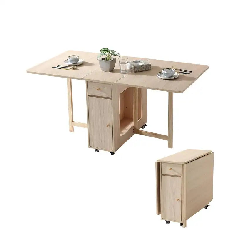 Cream Foldable Dining Table with Storage & Wheels – Space Saving