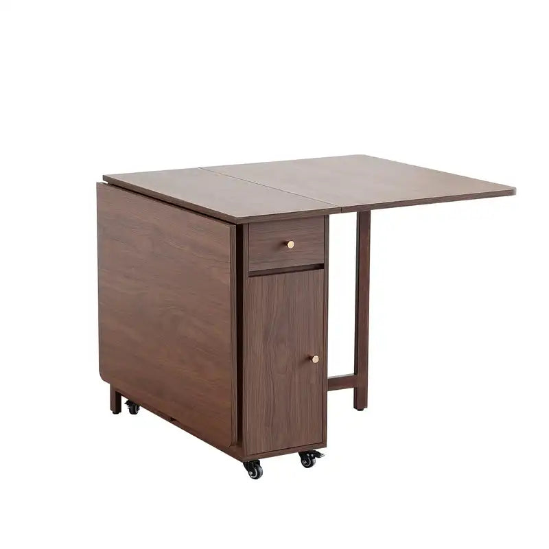 Walnut Folding Drop Leaf Table with Storage & Wheels