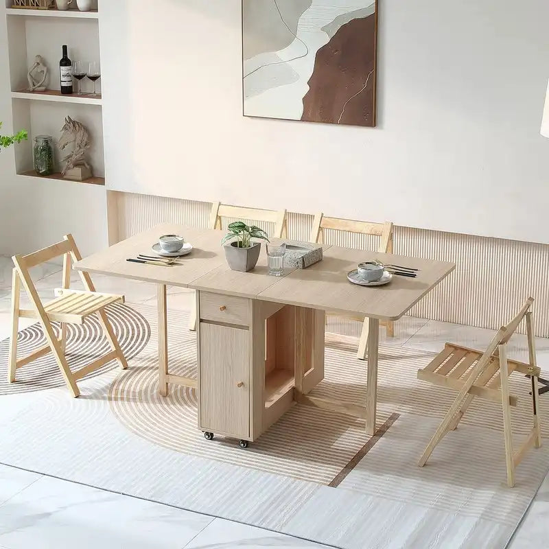 Cream Foldable Dining Table with Storage & Wheels – Space Saving Unfloded:60''L*31.5''W*28''H #E8DDCB