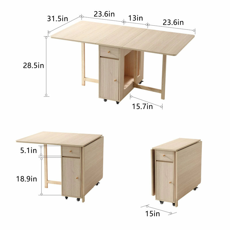 Extendable Drop Leaf Folding Dining Table with 2 Drawers and 4 Wheels for Living Room Kitchen Farmhouse Space Saving Table in Wood Color