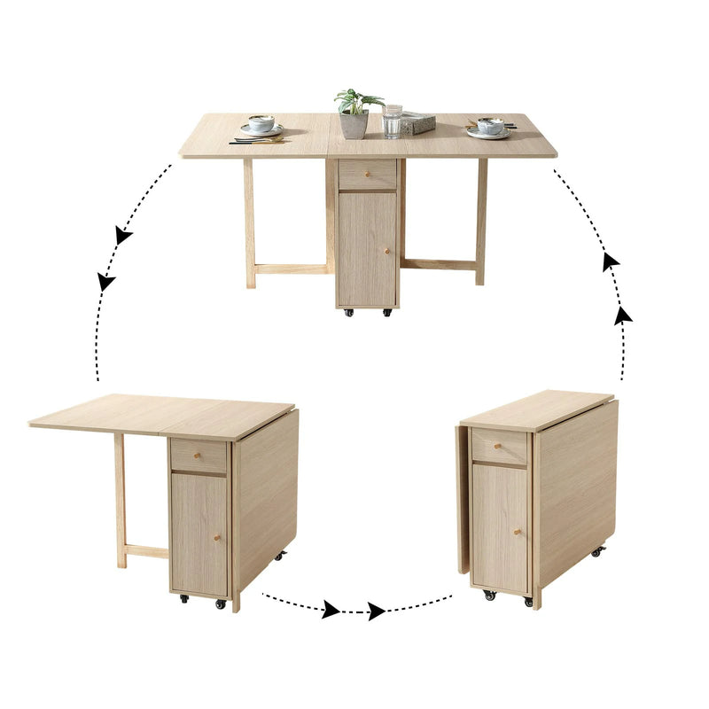 Extendable Drop Leaf Folding Dining Table with 2 Drawers and 4 Wheels for Living Room Kitchen Farmhouse Space Saving Table in Wood Color
