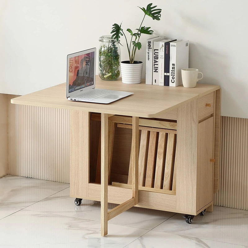 Extendable Drop Leaf Folding Dining Table with 2 Drawers and 4 Wheels for Living Room Kitchen Farmhouse Space Saving Table in Wood Color