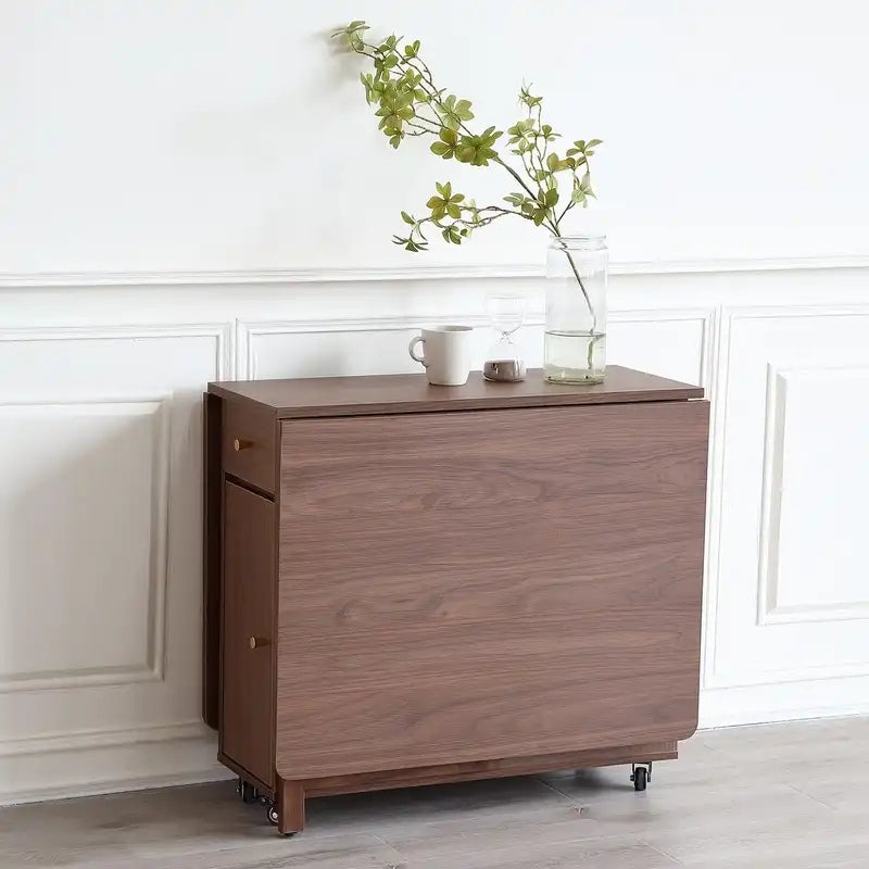 Walnut Folding Drop Leaf Table with Storage & Wheels
