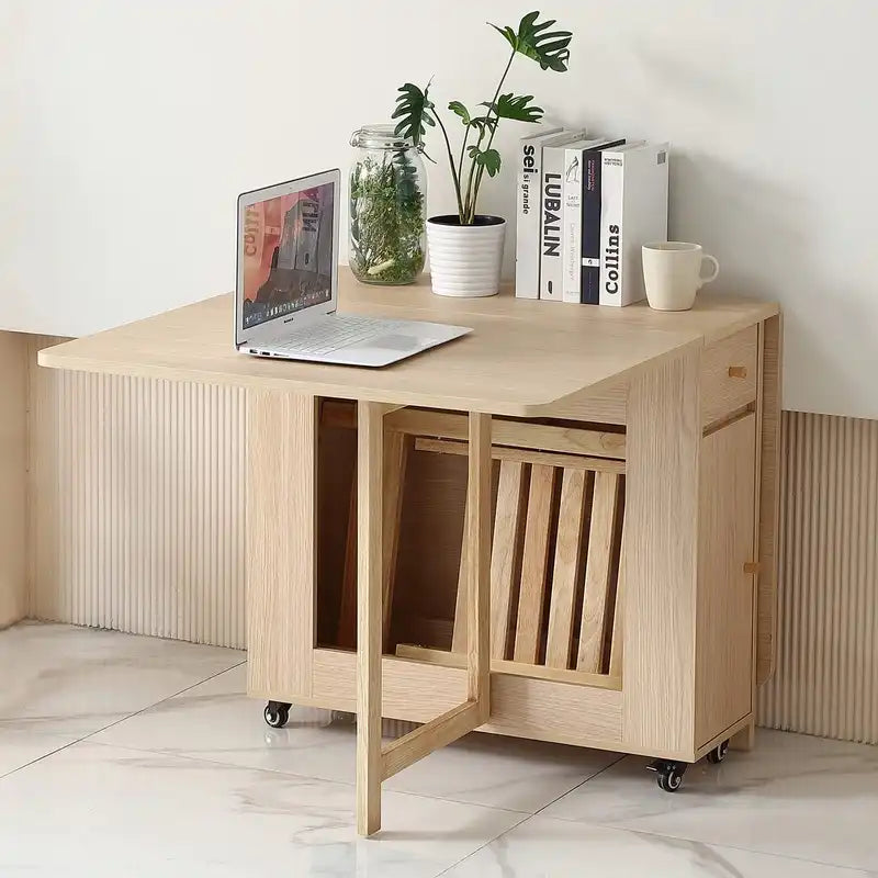 Cream Foldable Dining Table with Storage & Wheels – Space Saving
