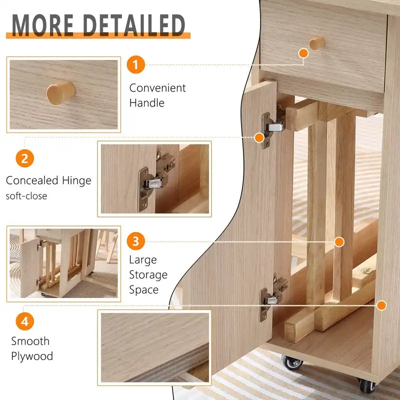 Cream Foldable Dining Table with Storage & Wheels – Space Saving