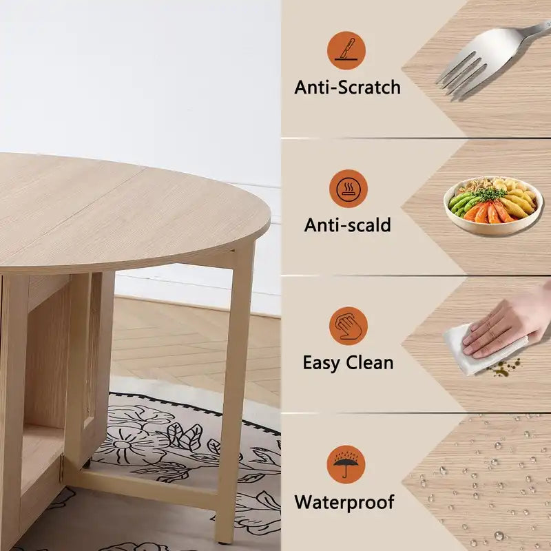 Space-Saving Cream Folding Dining Table with Storage & Wheels