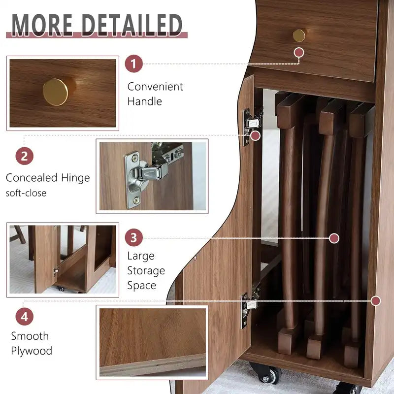 Walnut Folding Drop Leaf Table with Storage & Wheels