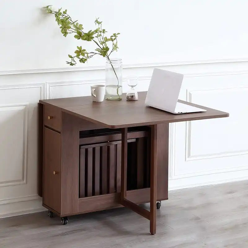 Walnut Folding Drop Leaf Table with Storage & Wheels