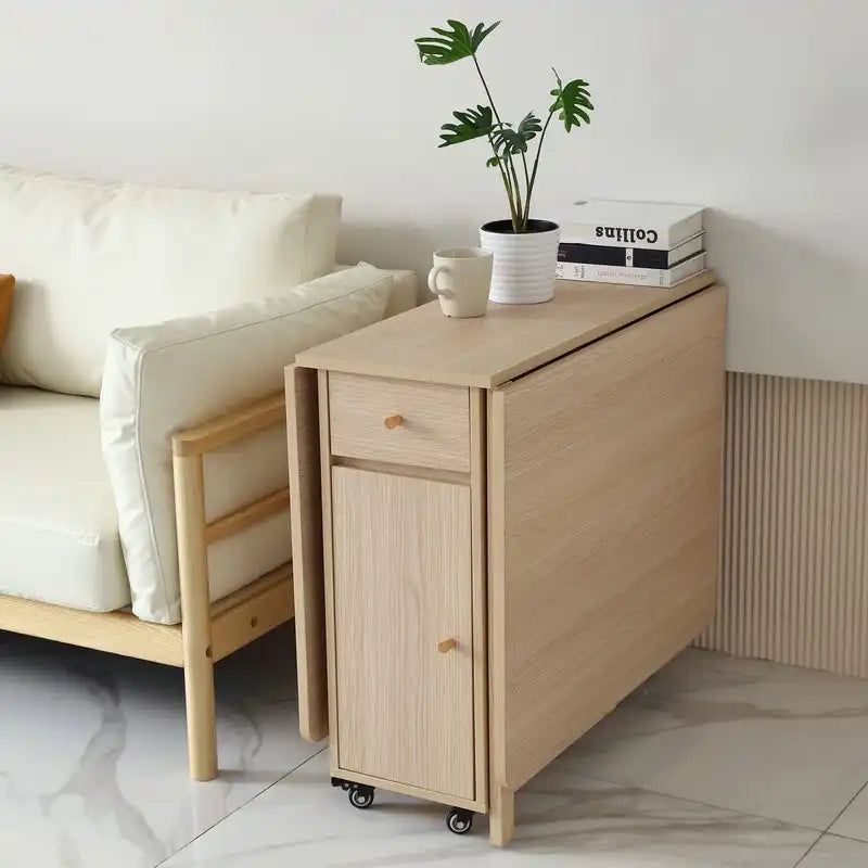 Cream Foldable Dining Table with Storage & Wheels – Space Saving