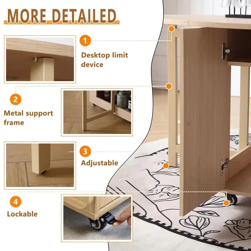 Space-Saving Cream Folding Dining Table with Storage & Wheels
