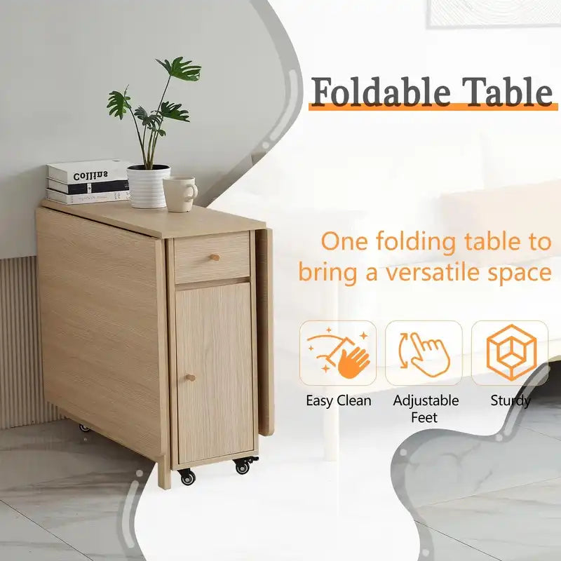 Cream Foldable Dining Table with Storage & Wheels – Space Saving