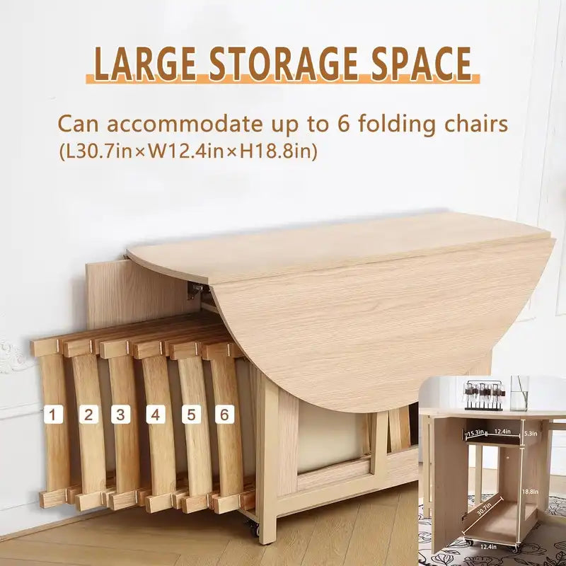Space-Saving Cream Folding Dining Table with Storage & Wheels