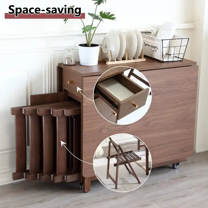 Walnut Folding Drop Leaf Table with Storage & Wheels