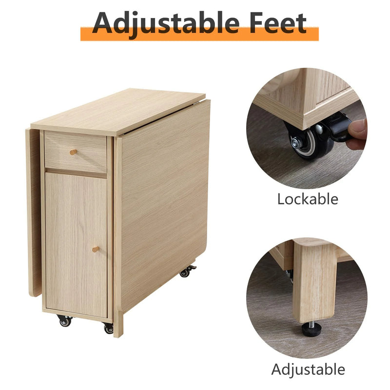 Extendable Drop Leaf Folding Dining Table with 2 Drawers and 4 Wheels for Living Room Kitchen Farmhouse Space Saving Table in Wood Color
