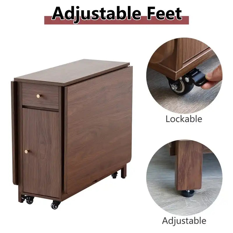 Walnut Folding Drop Leaf Table with Storage & Wheels