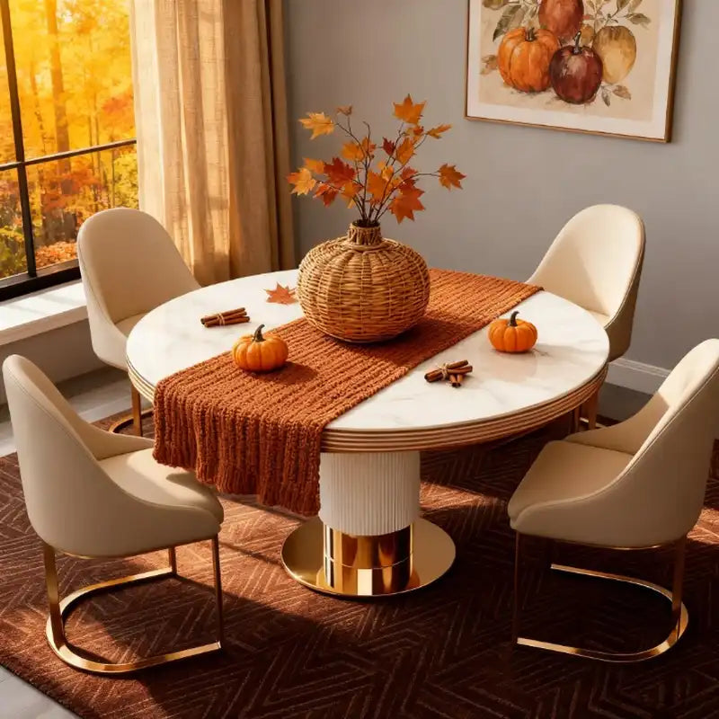Marble Dining Table Set | Round, Gold Accents, Velvet Chairs